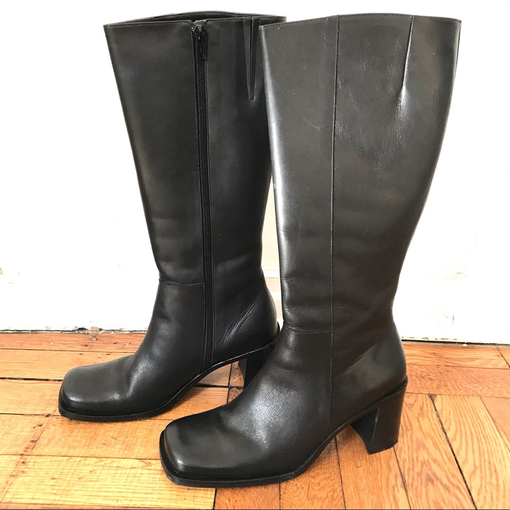 CF by Falchi Leather Black Boots Calf Vintage Square Toes 7 B